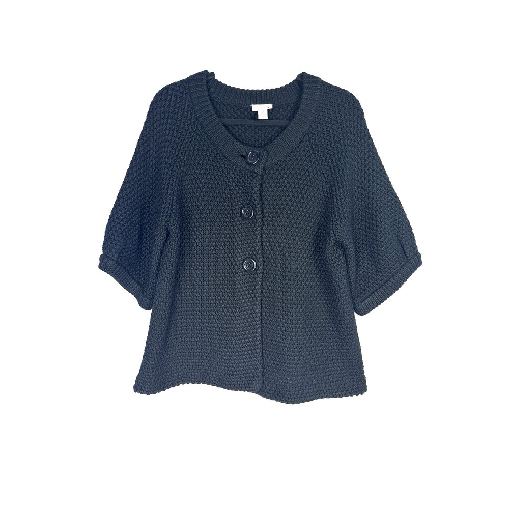 Retro Mod Women 12 Black Chunky Knit Cardigan 60s Chunky Button Puff 3/4 Sleeve